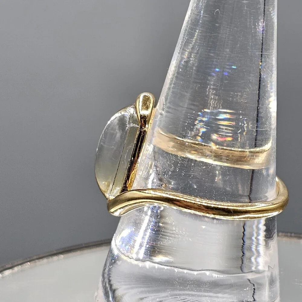 18k Yellow Gold Plated Smoky Quartz Ring Bypass Swoop Band Oval Cabochon Size 9 - Picture 4 of 10